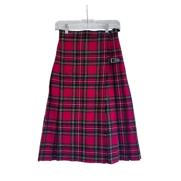 Pure New Wool Tartan Kilt Skirt Red Plaid Pleated Buckle A Line 25” Waist - Picture 4 of 9